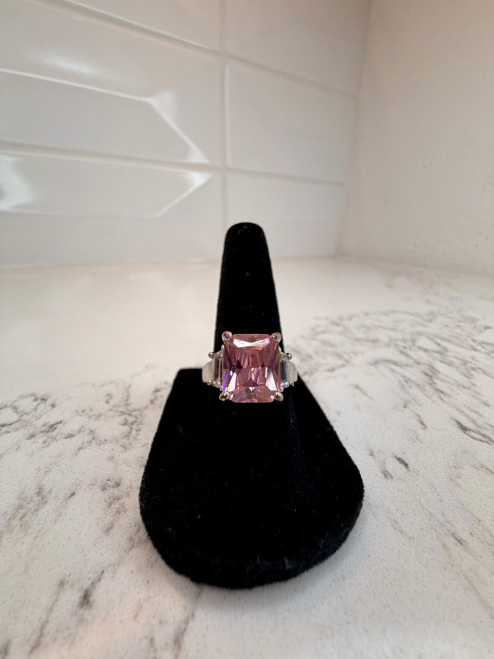 Pink Emerald Cut Statement Ring Size 7 Silver Tone Cubic Zirconia Cocktail Ring